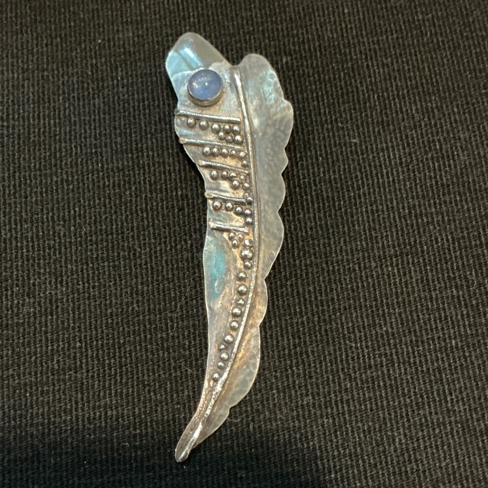 Silver Feather Pendant with Blue Stone
